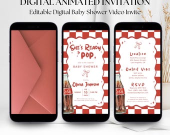 She’s Ready to Pop Baby Shower Invitation, Soda Pop Baby Boy Shower Evite, Retro Diner Theme, Editable Canva Digital Animated Invite