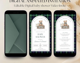 We Can Bearly Wait Baby Shower Invitation, Animated Polo Teddy Bear Video Evite, Editable Tartan Plaid Baby Shower Template,Digital Download