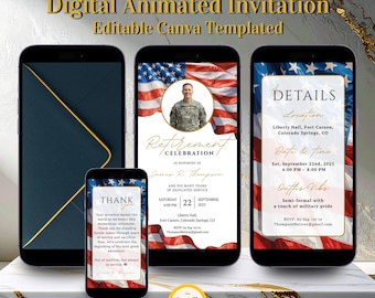 May include: Digital animated invitation template displayed on smartphones. The design features an American flag, a photo of a man in uniform, and event details for a retirement celebration. The invitation includes the text "Retirement Celebration" and "Thank You."