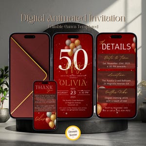 May include: Digital animated invitation template for a 50th birthday celebration. The design features a red background with gold and white text, including the name "Olivia" and event details. The invitation is displayed on multiple smartphone screens.