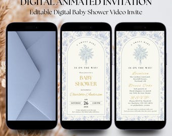 Toile de Jouy Baby Shower Invitation, Animated Dusty Blue Chinoiserie Teddy Bear Evite, Editable Classic Boy Baby Shower Digital Template