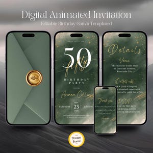 Può includere: Modello di invito di compleanno animato digitale visualizzato su smartphone. Il design presenta uno schema di colori verde e oro con il numero 50, i dettagli dell'evento e il testo "Ariana Collins". L'invito è modificabile con Canva.