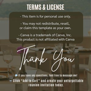 May include: A digital invitation template with the words "Thank You" in elegant script. The text includes terms of use and a call to action to create a reunion invitation. The background shows a table setting with glasses and flowers.