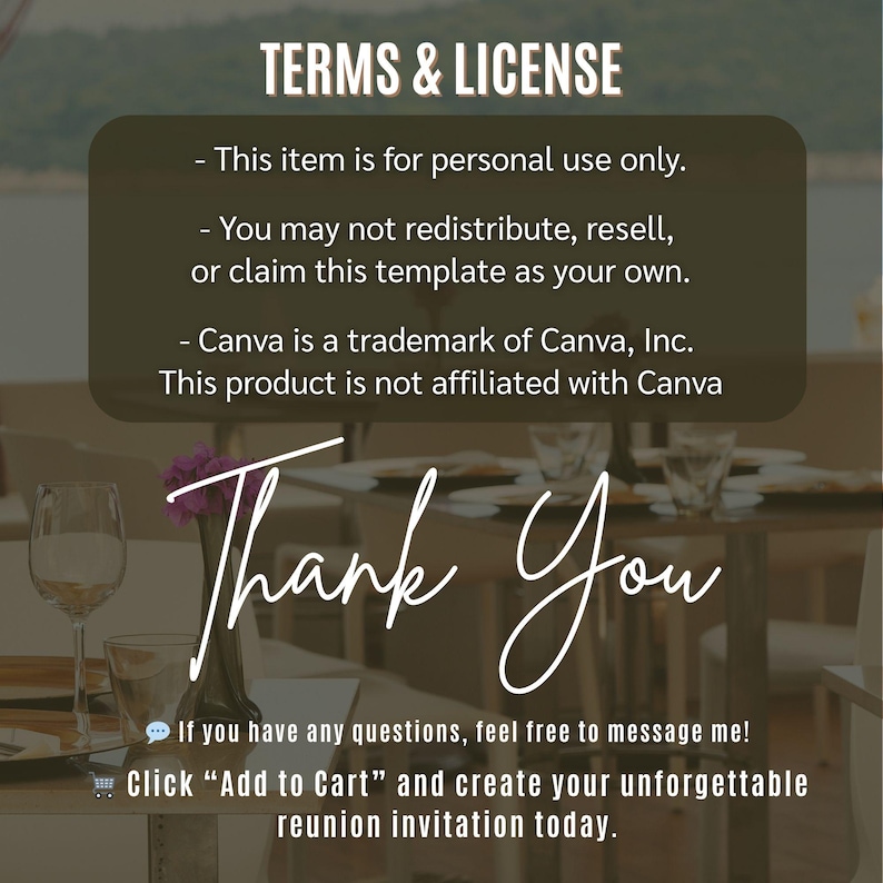 May include: A digital invitation template with the words "Thank You" in elegant script. The text includes terms of use and a call to action to create a reunion invitation. The background shows a table setting with glasses and flowers.