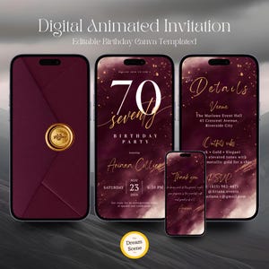 May include: Digital animated birthday invitation template for Canva displayed on three smartphones. The design features a deep burgundy background with gold accents, a wax seal graphic, and text for a 70th birthday party for Ariana Collins.