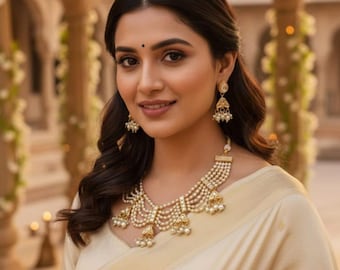 Gargantilla de perlas con gotas de Kundan / Gargantilla nupcial chapada en oro / Joyería tradicional india para bodas para mujer