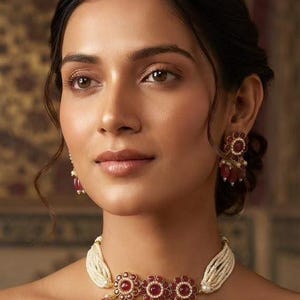 Set di collana girocollo Kundan Polki fatta a mano, set di gioielli da sposa con perle, collana da matrimonio indiana, girocollo con pietra di rubino