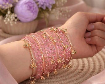 Conjunto de brazaletes Ghungroo de Cachemira rosa / Churiya nupcial de cristal rosa / Brazaletes Ghungroo de oro / Brazaletes de boda de diseño rosa /