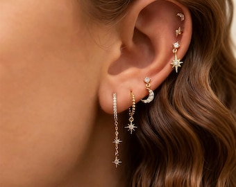 18K Gold Filled Celestial Earring Set, CZ Moon Star Lightning Earrings, Dainty Huggie Hoop Stud Drop Earrings,Ear Stack Jewelry,Gift for her