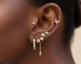 Gold CZ Butterfly Flower Earring Set, Multiple Piercing Stack