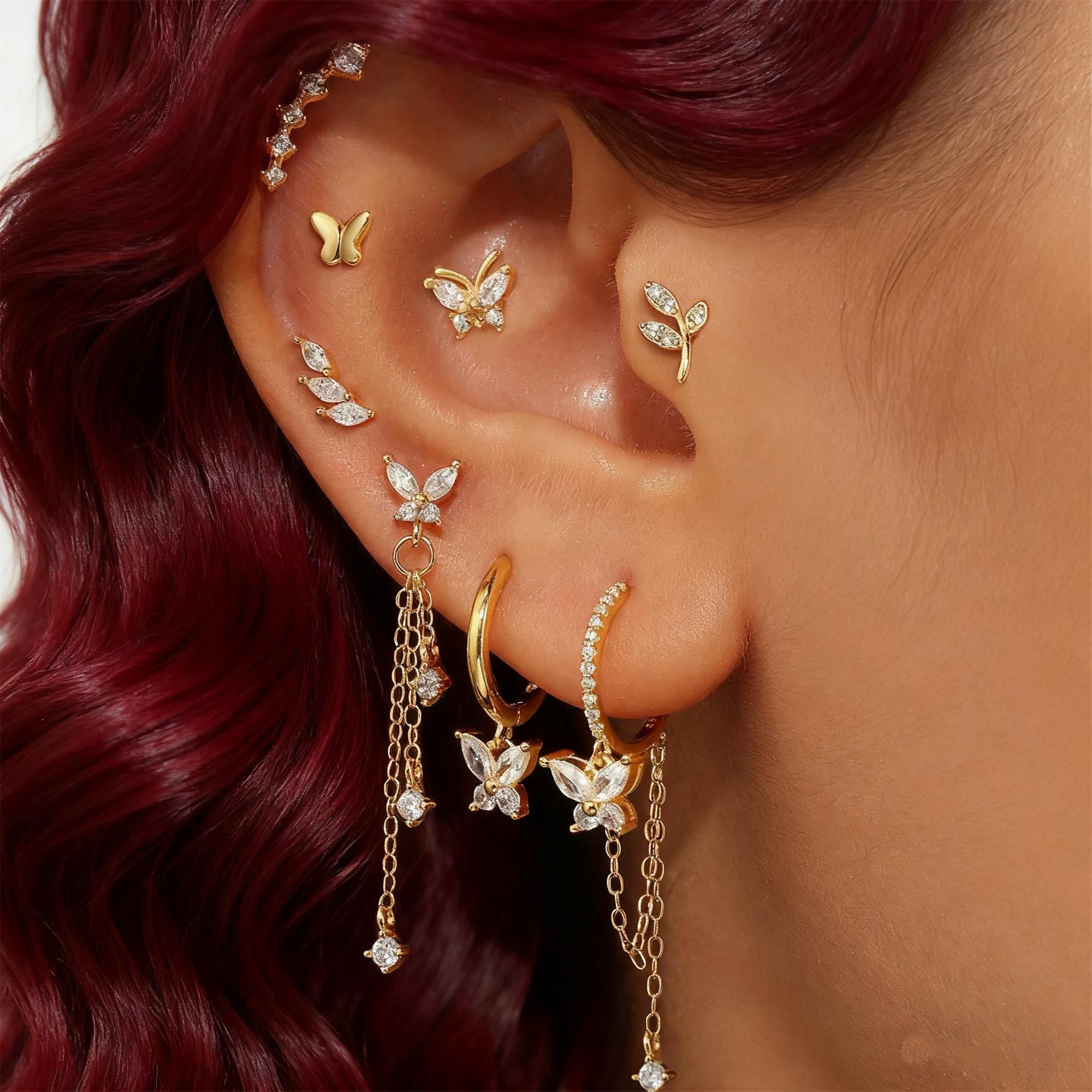 Boucles D'Oreilles Papillon Double Perçage Avec Chaîne - Argent Sterling Et Plaqué Or - Cadeau Femme Pour Cartilage