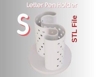 May include: A white letter "S" shaped pen holder with small holes, on a round base. The text "Letter Pen Holder" and "STL File" are in red. The background is a gradient of gray and white.