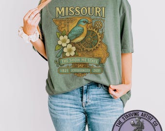 Camiseta vintage steampunk de Missouri: gráfico de pájaro y flor del estado