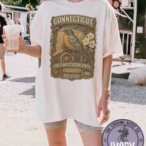 Steampunk T Shirt Connecticut Vintage Nature Comfort Colors State Bird Robin State Flower Mountain Laurel Constitution State