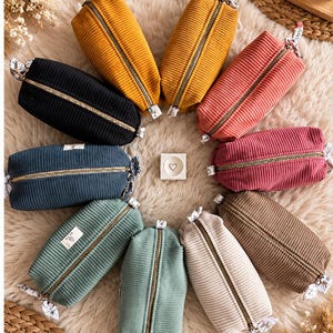 Peut inclure: Un ensemble de dix trousses rectangulaires en velours côtelé disposées en cercle. Les trousses sont disponibles en plusieurs couleurs, dont jaune moutarde, noir, bleu sarcelle, vert sauge, vieux rose, magenta, beige et marron, avec une fermeture éclair dorée.