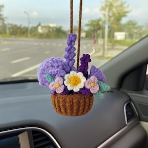 Purple Radiance Car Hanging Crochet – Handmade Rearview Mirror Charm – Boho Violet Flower Car Decor – Unique Gift for Her