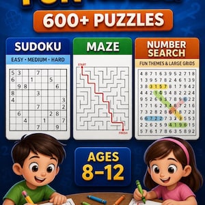 May include: A colorful graphic promoting brain-boosting fun for kids aged 8-12, featuring Sudoku, Maze, and Number Search puzzles. The image includes illustrations of children solving puzzles, with the text "600+ Puzzles" and "Printable PDF".