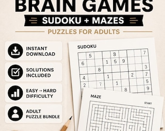 400 afdrukbare hersenspellen voor volwassenen, sudoku- en doolhofpuzzelbundel pdf, ontspannend activiteitenboek, direct downloaden met oplossingen