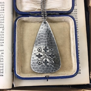 Vintage Mid Century Brutalist Architectural Pewter Pendant Necklace