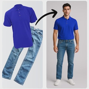 Puede incluir: Un polo azul real y unos vaqueros de mezclilla azul claro se muestran sobre un fondo blanco. La imagen también muestra a una persona que lleva el mismo atuendo: un polo azul real y unos vaqueros de mezclilla azul claro con zapatillas blancas.