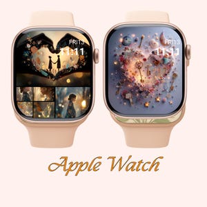 May include: Two rose gold Apple Watches with different screens. One displays a heart-shaped floral design with two figures, the other a heart with keys and stars. The text "FRI13 11:11" is visible on both. The words "Apple Watch" are written below.