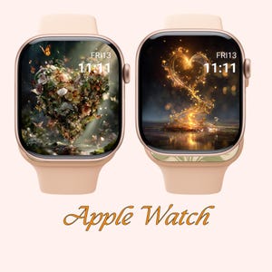 May include: Two Apple Watches with rose gold cases. The watch faces display artistic heart designs, one floral and one glowing. The time is 11:11 on Friday the 13th. The words "Apple Watch" are written in a decorative font.