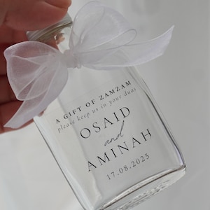 ZamZam Wedding Favour Glass Bottle with Ribbon | Personalised Zam Zam Nikkah or Walima Favor | Islamic Bride and Groom Custom Gift