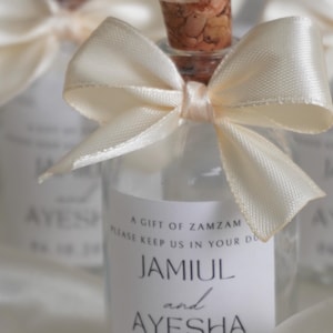 ZamZam Wedding Favour Glass Bottle with Ribbon | Personalised Zam Zam Nikkah or Walima Favor | Islamic Bride and Groom Custom Gift