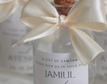 ZamZam Wedding Favour Glass Bottle with Ribbon | Personalised Zam Zam Nikkah or Walima Favor | Islamic Bride and Groom Custom Gift