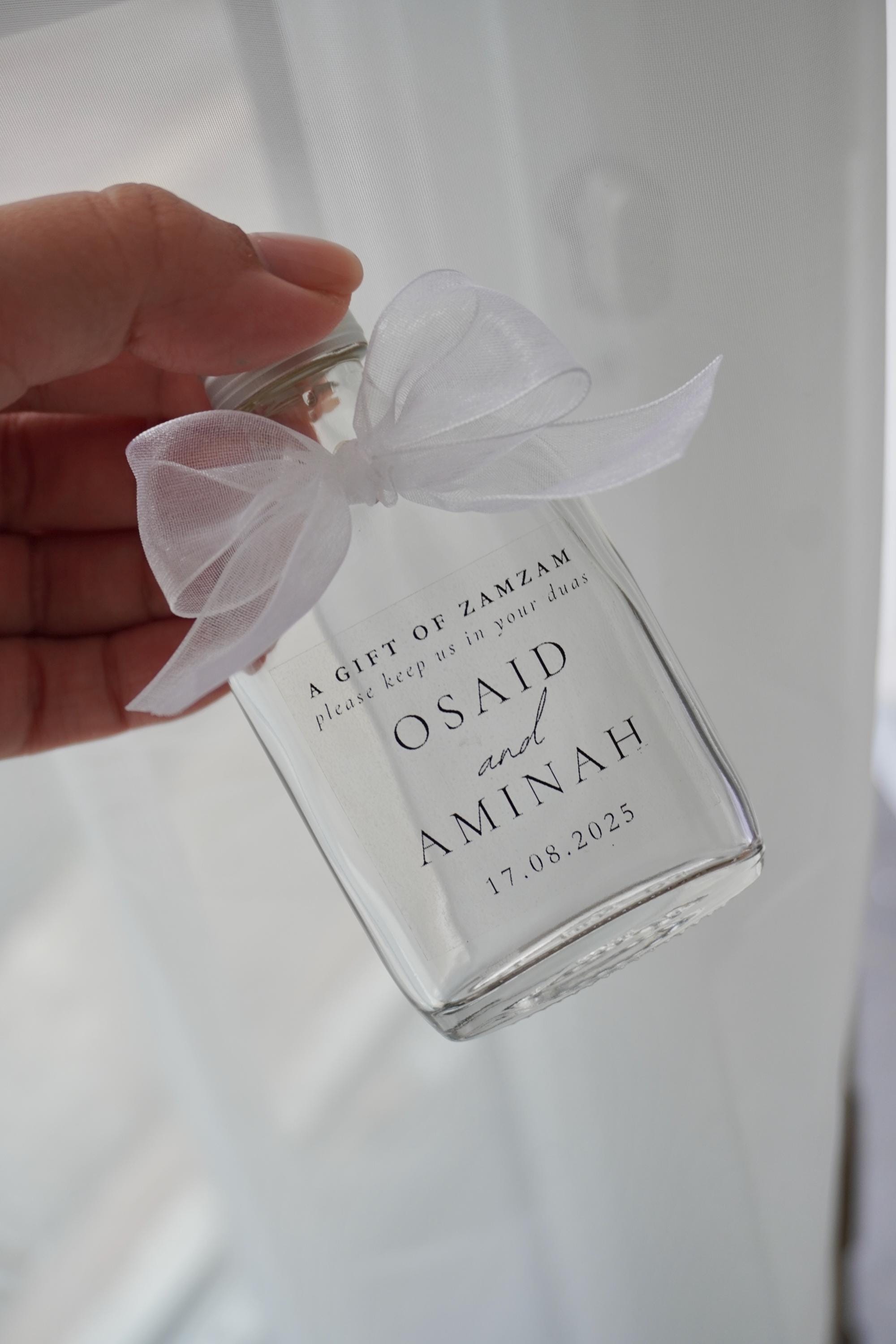ZamZam Wedding Favour Glass Bottle with Ribbon | Personalised Zam Zam Nikkah or Walima Favor | Islamic Bride and Groom Custom Gift