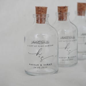 ZamZam Wedding Favour Glass Bottle with Ribbon | Personalised Zam Zam Nikkah or Walima Favor | Islamic Bride and Groom Custom Gift