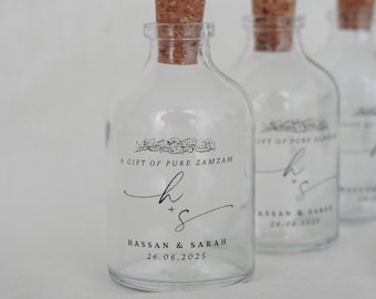ZamZam Wedding Favour Glass Bottle with Ribbon | Personalised Zam Zam Nikkah or Walima Favor | Islamic Bride and Groom Custom Gift