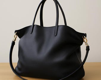 Elegancka czarna skórzana torba typu tote – miękka skóra groszkowana ze złotymi akcentami – stylowa torebka na co dzień