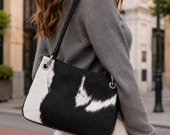 Real Cowhide Bag, Small Cowhide Shoulder Purse, Western Leather Handbag, Gift for Her