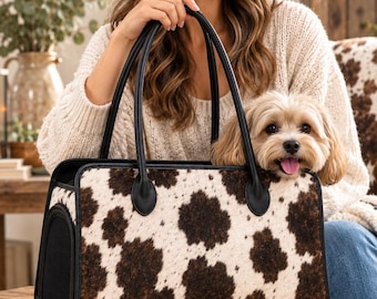 Cowhide Pet Travel Bag, Handmade Leather Dog Carrier, Western Style Tote