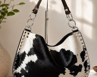 Cowhide  Hobo Bag, Western Purse, Cow Print Handbag, Leather Shoulder Bag, Cowgirl Gift