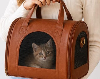 Handgefertigte Haustiertragetasche aus echtem Leder, Reisetasche für kleine Hunde und Katzen (bis zu 8 Pfund)