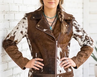 Women’s Cowhide Leather Jacket, Western Biker Coat, Genuine Hair-On Hide, Cowgirl Gift for Her