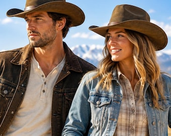 Brown Genuine Leather Cowboy Hat, Handmade Western Ranch Fedora, Wide Brim Rustic Unisex Headwear