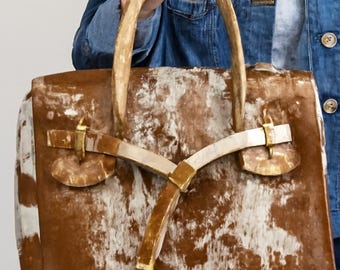 Handcrafted Cowhide Leather Tote Bag: Elegant Brown & White Design