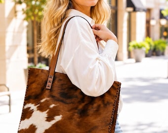 Cowhide Tote Bag | Hair On Hide Handbag | Western Cow Print Tote | Brown Cowskin Purse