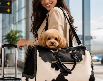 Handmade Cowhide Pet Carrier Bag | Hair On Hide Leather Dog Travel Tote