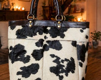 Große Rindsleder Tragetasche, Echtleder Kuh Print Geldbörse, Western Handtasche, Tote für Frauen