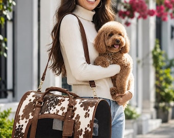 Cowhide Pet Tote, Hair On Hide Dog Purse, Western Travel Bag, Handmade Carrier
