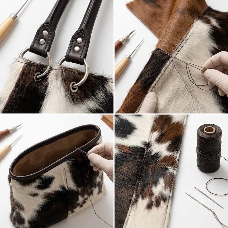 May include: A cowhide bag with brown, black, and white fur patches, featuring dark brown leather handles attached with silver metal rings. The construction process shows hand-stitching with dark thread, leather needles, and a spool of thread.