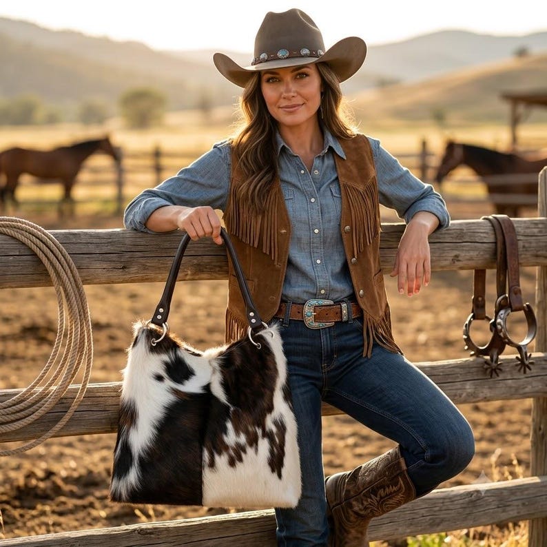 May include: A hobo-style handbag featuring a cowhide pattern with patches of black, brown, and white fur. The bag has two dark brown leather shoulder straps attached with silver-toned metal rings, creating a distinct western-inspired aesthetic.