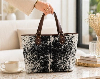 Salt and Pepper Cowhide Tote Bag, Western Leather Shoulder Purse, Hair-On Hide Bag