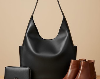 Minimalist Black Leather Hobo Bag: Oversized Slouchy Tote with Pocket  Free Global Shipping