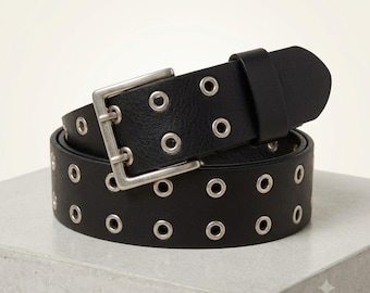 Double Buckle Leather Belt, Western Cowboy, Black Eyelet Punk, Unisex