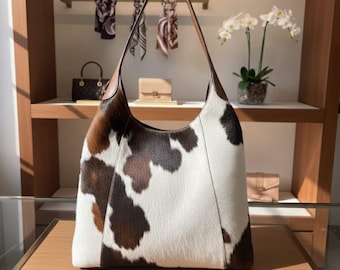 Rindsleder Hair-On-Hide Hobo Bag: Boho Western Kuh Print